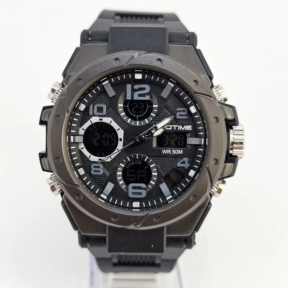 Findtime Men's Analog Digital Sports Watch 45MM Black Plastic Bands New Battery